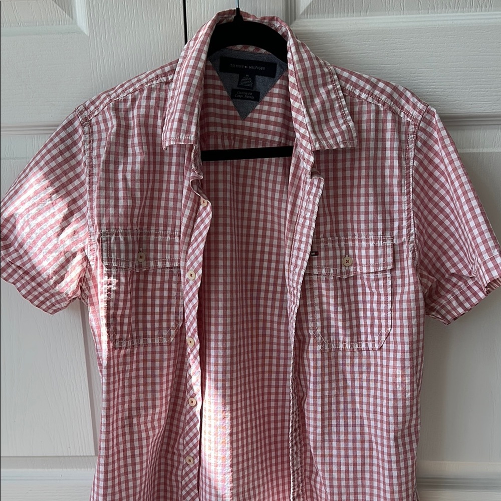 Tommy Hilfiger Red and White Gingham Casual Button Down Shirt